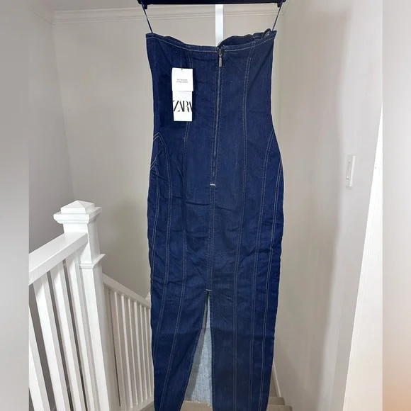 NWT Zara Blue Denim Midi Bustier Corset Party Dress Medium - Picture 10 of 16